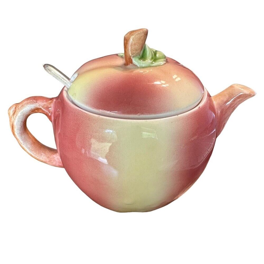 Vintage Lefton H6973 Sugar Bowl with lid & Spoon Apple Japan Collectible Kitchen